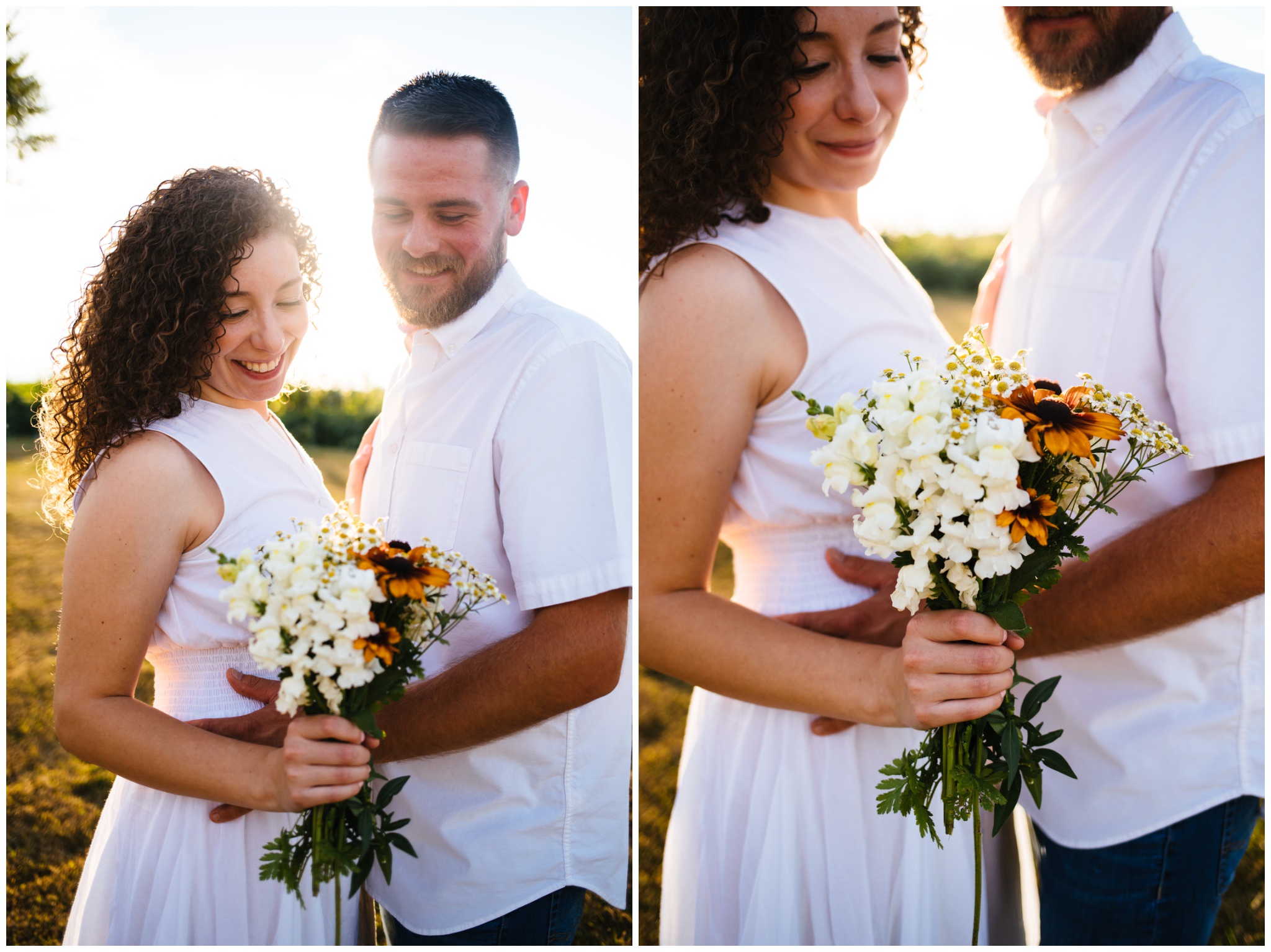 A bride to be holds a bouquet of wildflowers that she picked during her august engagement session in upstate, ny.