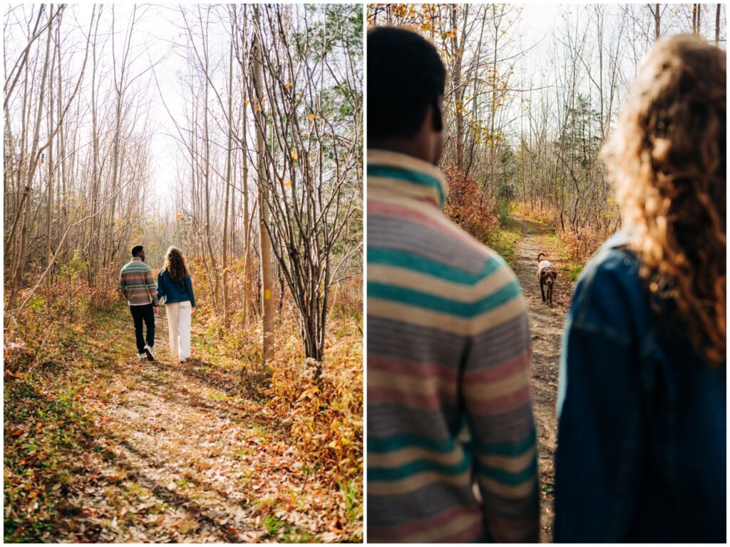 Couple has their dog with them during their pet friendly ithaca engagement session.