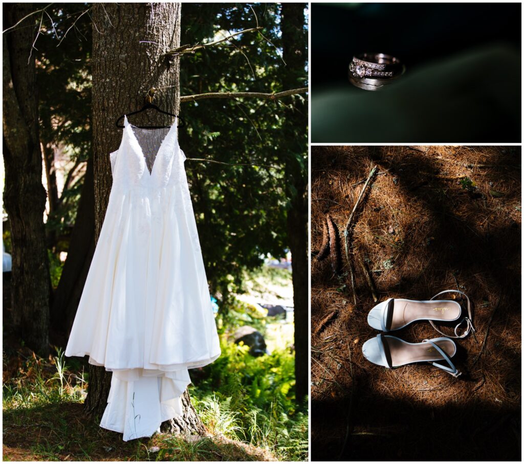 bridal details including a wedding gown, rings, and bride's shoes.