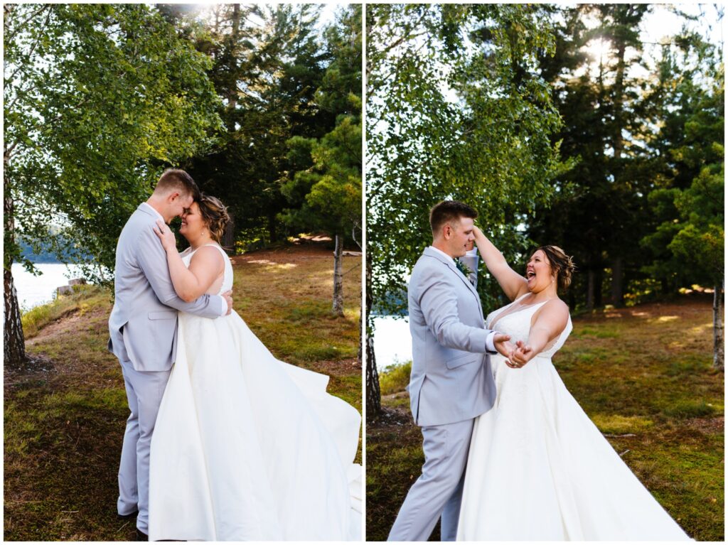Bride and groom portraits on their wedding day, next to a lake.