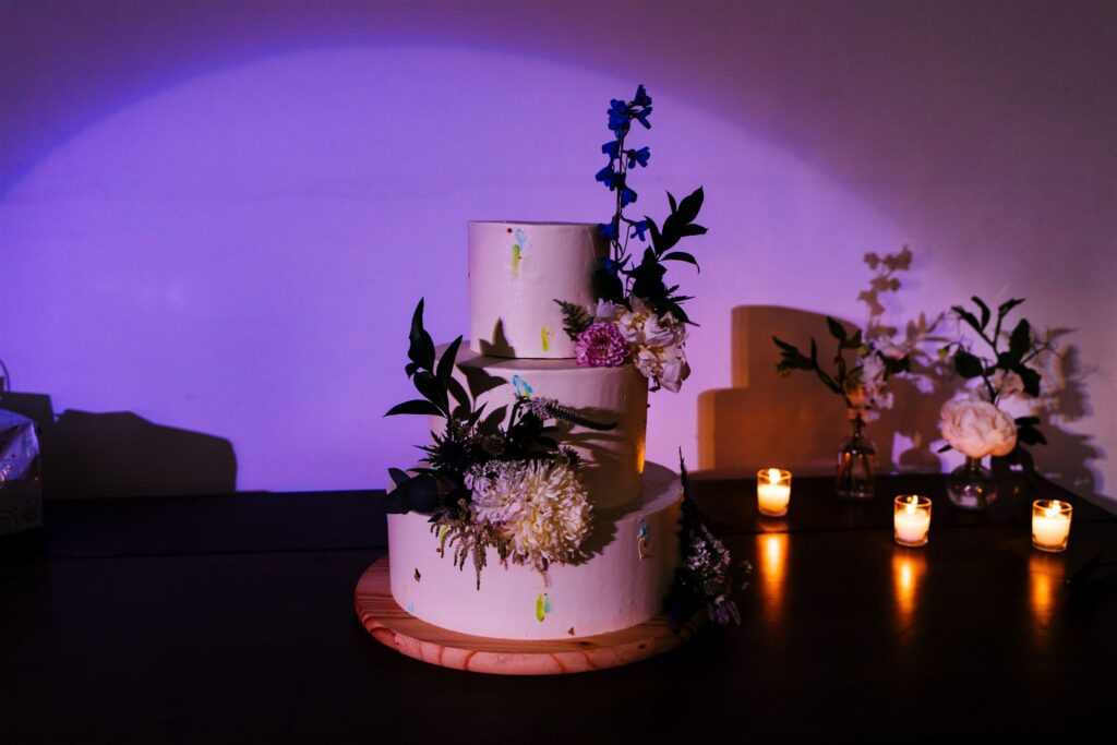 Colorful wedding cake at a berkshires wedding.
