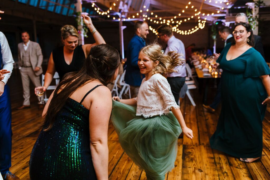 Guests dance at a Greylock works wedding.