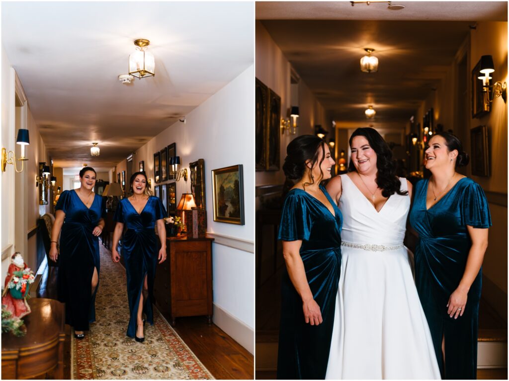 Bridesmaids wearing blue crushed velvet dresses laugh with the Bride at her Skaneateles wedding.