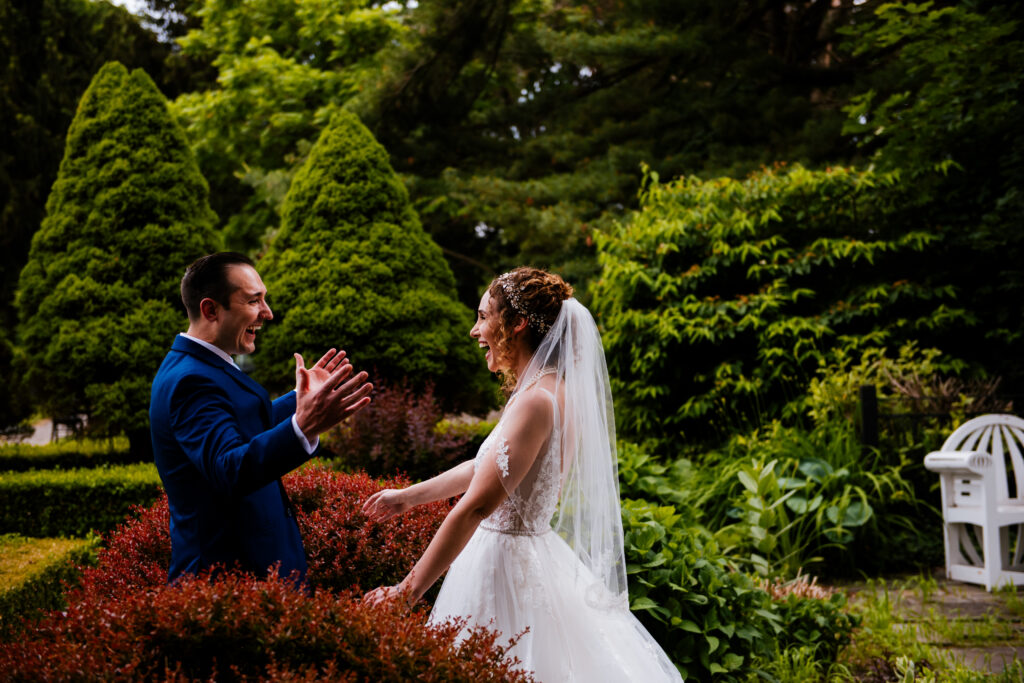 First look of bride and groom at the John Joseph inn.