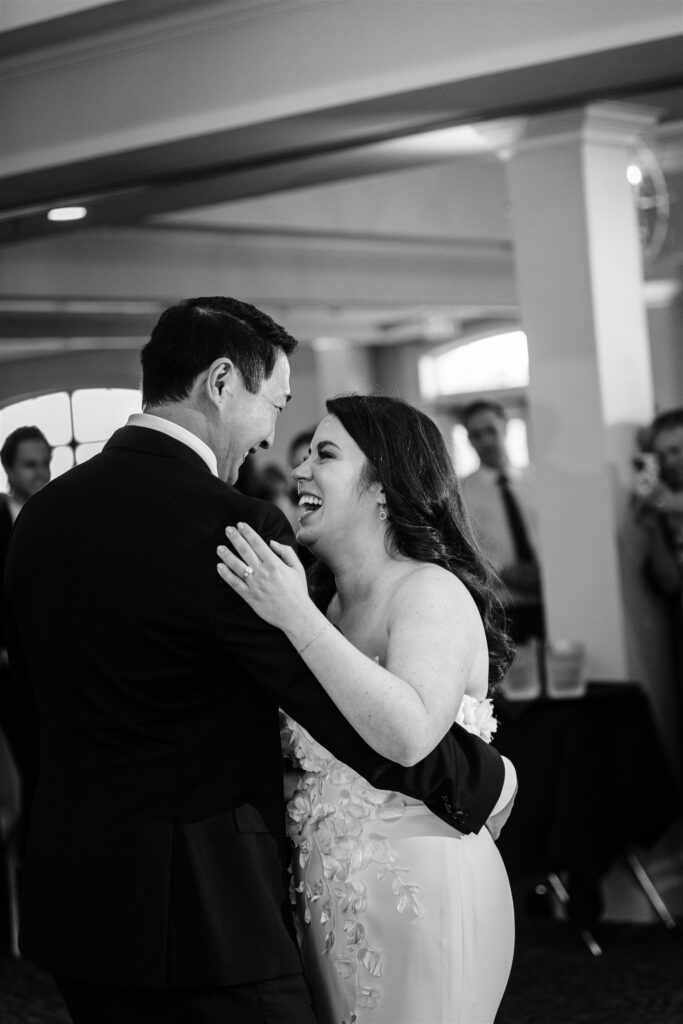 Bride and groom share a first dance at their locust hill country club wedding.