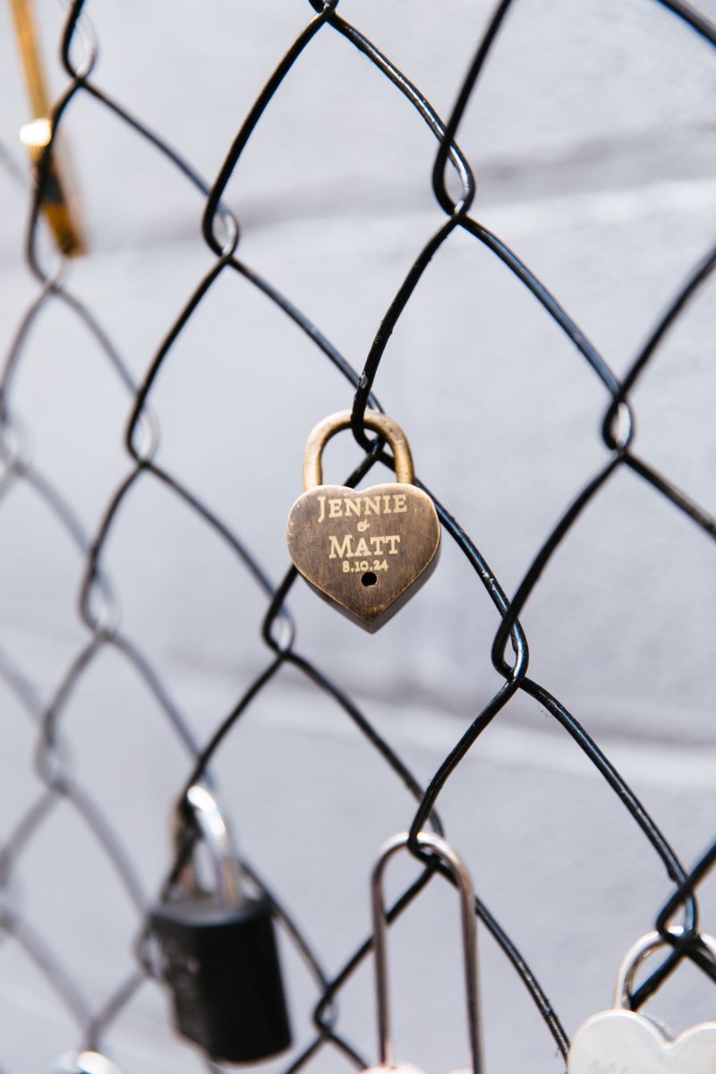 A heart lock on a fence with other locks 